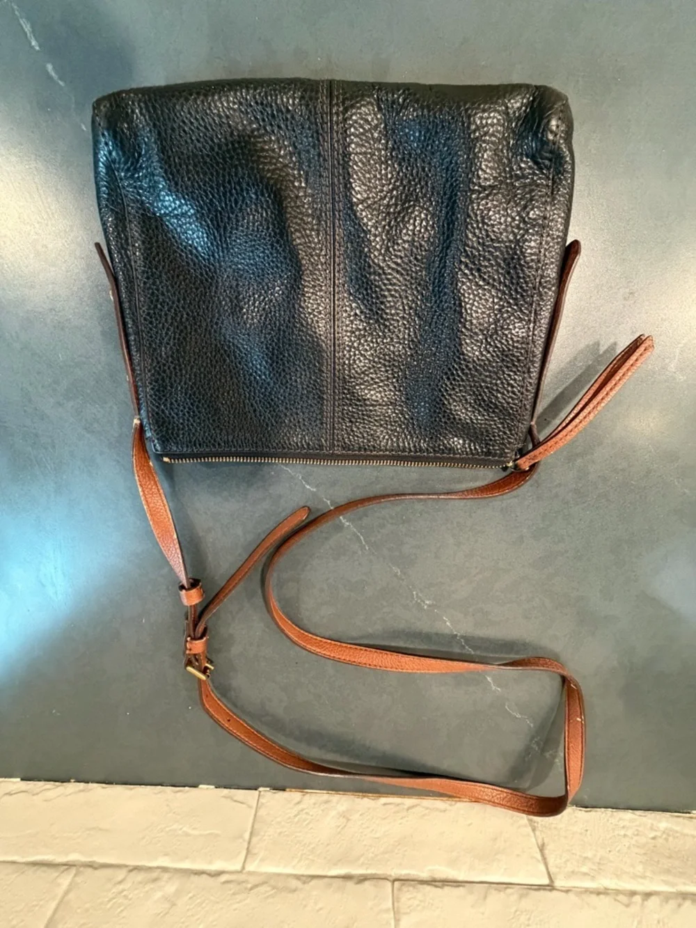 Fossil Black Pebbled Leather Crossbody with Tan Strap